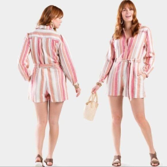Francesca’s Coco & Jaimeson Brand Rosy Stripe Belted Linen Romper Cream Pink M - Picture 2 of 16
